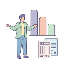 Man Presenting Business Growth Analytics Showing Upward Trends With Bar Chart and Calculator In A Professional Setting