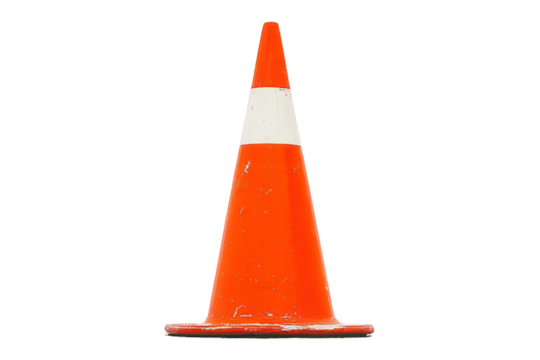 Orange traffic cone with white stripes isolated on transparent background. Orange traffic cone isolated on white background.