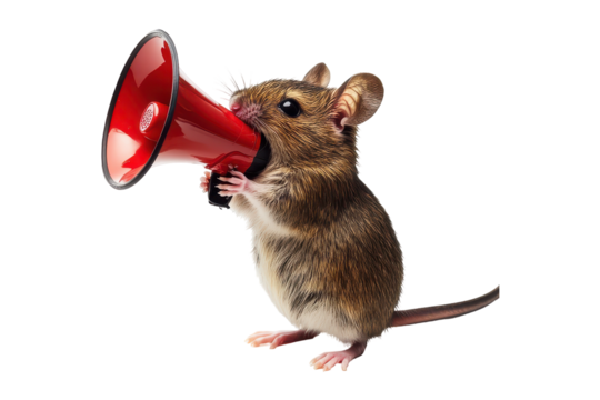 Mouse holding a megaphone announcing something important isolated on transparent background. Mouse with megaphone like a protester isolated on white background.