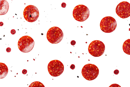 Slices of pepperoni isolated on transparent background. Pepperoni slices isolated on white background.