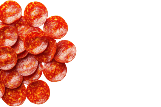 Slices of pepperoni isolated on transparent background. Pepperoni slices isolated on white background. - Powered by Adobe