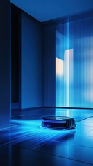 Robot vacuum cleaner scanning room with blue holographic display