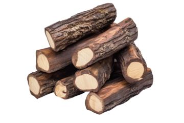 Pile of rough bark covered wood logs isolated on transparent background. Pile of natural wooden logs isolated on white background.