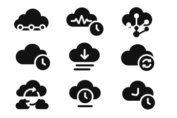 Cloud Temporal Icons. Solid style icons of cloud-based temporal systems: distributed timeline cloud, real-time stream sync, event