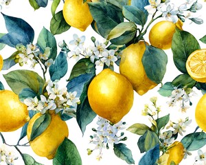 Seamless pattern of lemons and flowers isolated on white background