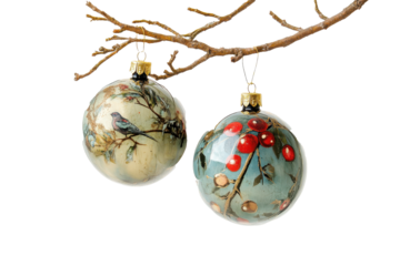 Ornate christmas ornaments hanging on a branch isolated on transparent background. Ornaments from a tree isolated on white background.
