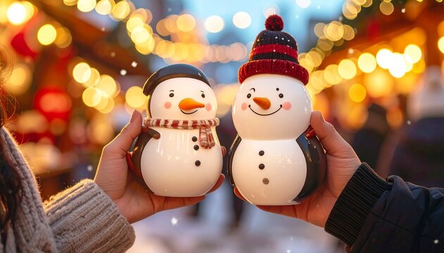 Two people clinking cute holiday mugs shaped like a snowman and a penguin at a Christmas market, surrounded by glowing lights and festive decorations, creating a warm winter atmosphere.