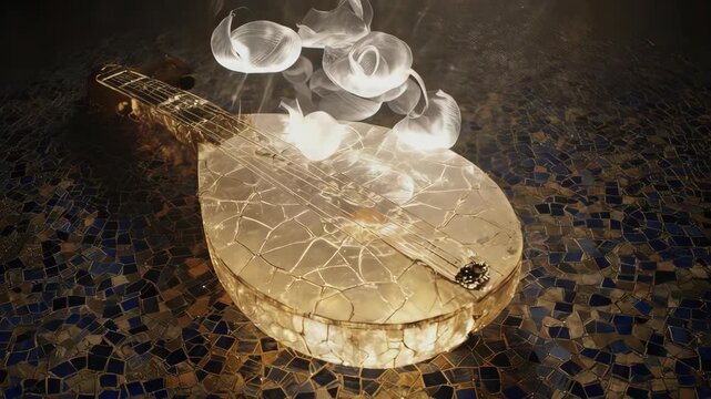 Luminous gold mandolin floating above mosaic. Floating petals and glowing details enhance the scene