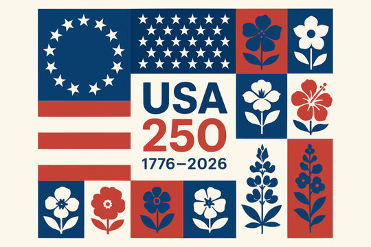 Quilt of the Union — Vector Patchwork Poster with 13-Star Circle, 50 Stars and USA-250 (1776–2026) - Powered by Adobe