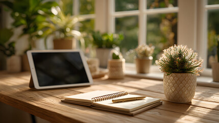 Beige workspace with tablet, notebook, and accessories