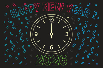Happy new year 2026 celebration with a glowing clock striking midnight surrounded by colorful confetti and streamers on a dark background
