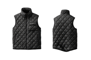 Front and back view of a quilted black vest isolated on transparent background. Black sleeveless quilted jacket isolated on white background.