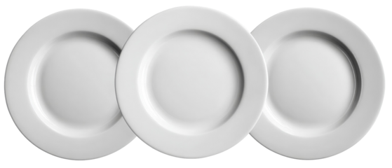 Three pristine white plates arranged in a row, showcasing their smooth surfaces and elegant design, set against a neutral background perfect for culinary presentations