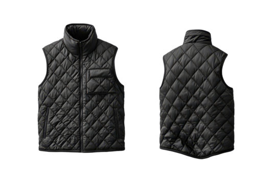 Front and back view of a quilted black vest isolated on transparent background. Black sleeveless quilted jacket isolated on white background.