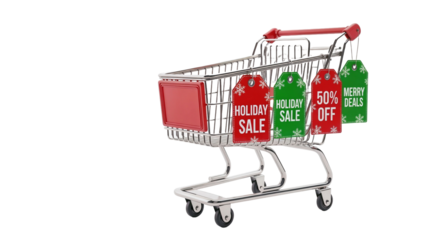 Shopping cart with holiday sale tags on a white background
