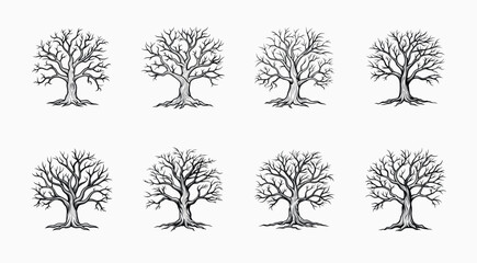 Illustration of eight deciduous trees with no leaves on a white background