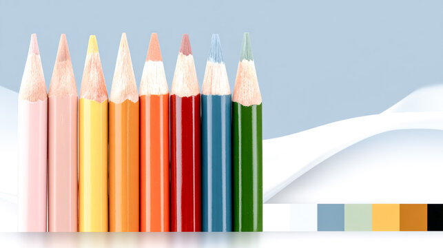 Colorful collection of artist's colored pencils arranged in a row on a smooth surface, showcasing vibrant hues against a soft gradient background with copy space