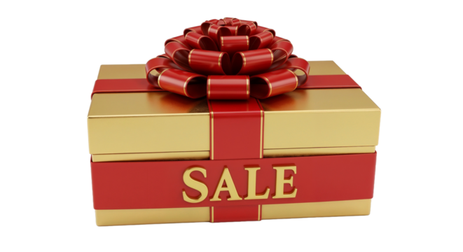 Gift box with a red ribbon and "SALE" text on a white background
