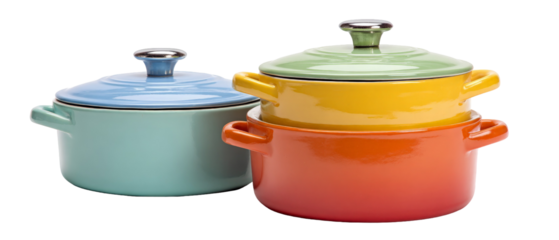 A vibrant stack of colorful ceramic cooking pots in various sizes, showcasing a blue, green, yellow, and orange design, set against a clean white background ideal for culinary-themed projects