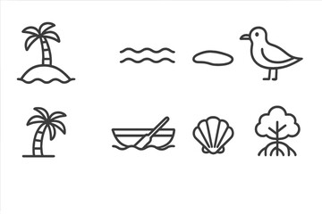 Island Line Icons. Line style icons of Island Lagoon: Small Island, Calm Water, Sandbar, Seabird, Palm Tree, Small Boat, Shell,