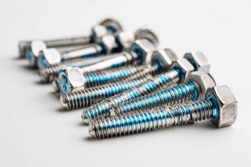 A set of metal screws and bolts with nuts up close