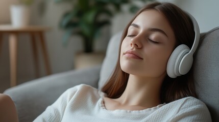 Young woman in white top with eyes closed listening to music