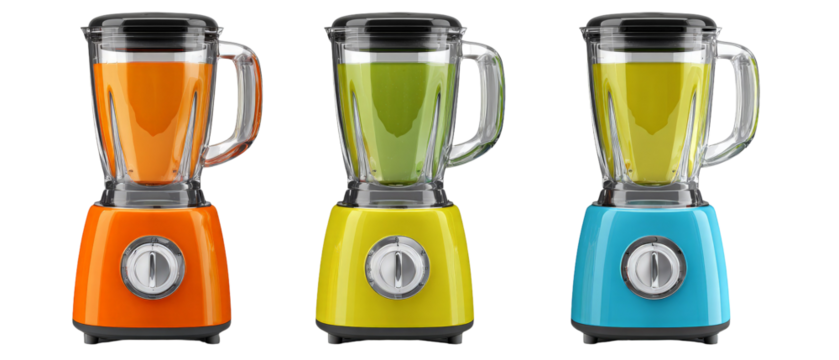A vibrant display of three stylish blenders in orange, green, and blue, showcasing their sleek design and functionality, set against a neutral background, perfect for culinary enthusiasts