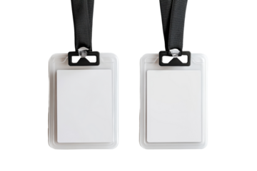 Blank id badge holder with lanyard isolated on transparent background. Vertical blank badge mockup and empty id card isolated on white background.