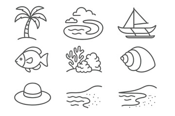 Naklejka premium Coral Atoll Icons. Line style icons of Coral Atoll: Palm Tree, Lagoon, Outrigger Canoe, Tropical Fish, Coral Reef, Sea Shell, Sun