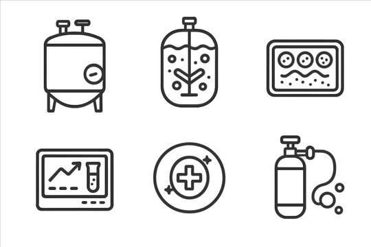 Precision Fermentation Icons. Line style icons of precision fermentation process: fermentation tank, bioreactor chamber, precision