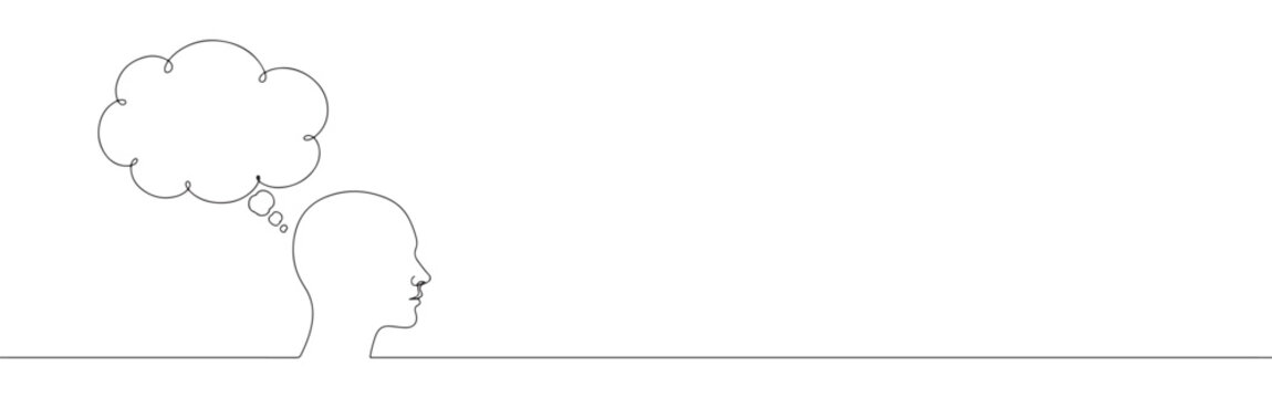 Continuous one line drawing of a human head with a thought bubble. Concept of thinking, ideas and communication