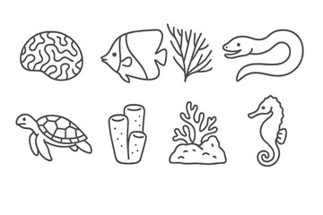 Tropical Reef Icons. Line style icons of Tropical Reef: Brain Coral, Butterflyfish, Sea Fan, Moray Eel, Sea Turtle, Sponge, Coral
