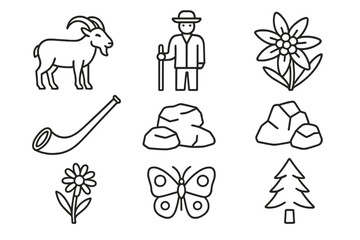 Obraz premium Alpine Meadow Icons. Line style icons of Alpine Meadow: Mountain Goat, Shepherd, Edelweiss, Alpine Horn, Rock Outcrop, Butterfly,