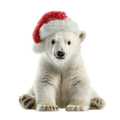Obraz premium Adorable polar bear cub wearing Santa hat brings festive cheer and holiday joy this season