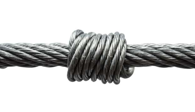 Strong steel wire rope or metal cable isolated on transparent background.