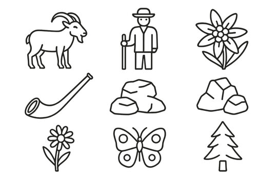 Alpine Meadow Icons. Line style icons of Alpine Meadow: Mountain Goat, Shepherd, Edelweiss, Alpine Horn, Rock Outcrop, Butterfly,