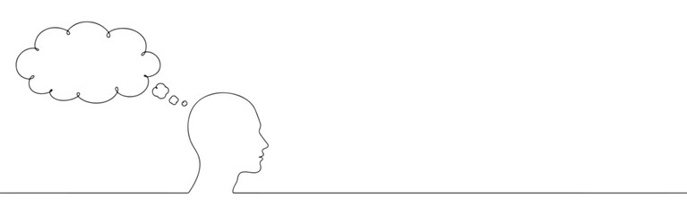 Continuous one line drawing of a human head with a thought bubble. Concept of thinking, ideas and communication