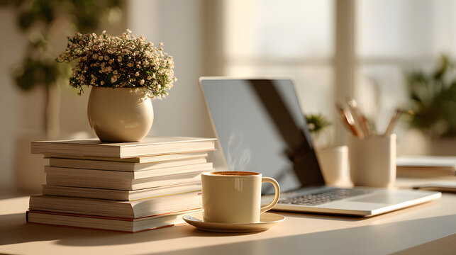 productive. Minimalist office desk bathed in morning sunlight, emphasizing a clean and productive workspace. lifestyle magazines.