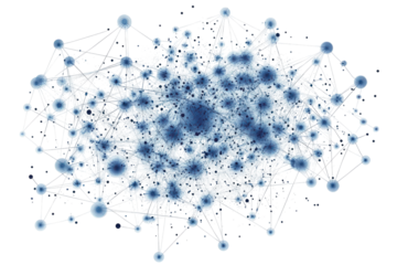 Abstract blue network of spheres and lines isolated on transparent background. Abstract representation of cloud computing with interconnected nodes isolated on white background.