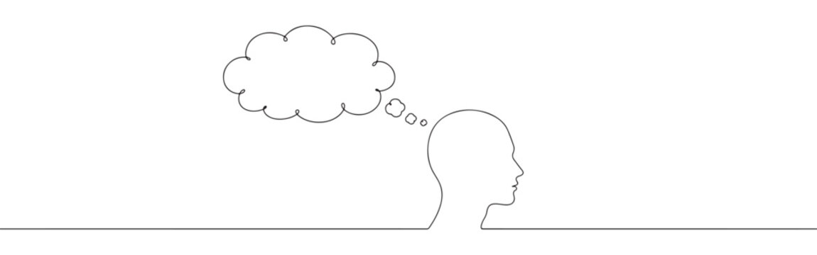 Continuous one line drawing of a human head with a thought bubble. Concept of thinking, ideas and communication