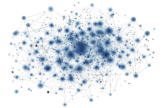 Abstract blue network of spheres and lines isolated on transparent background. Abstract representation of cloud computing with interconnected nodes isolated on white background.