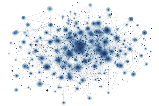 Abstract blue network of spheres and lines isolated on transparent background. Abstract representation of cloud computing with interconnected nodes isolated on white background.