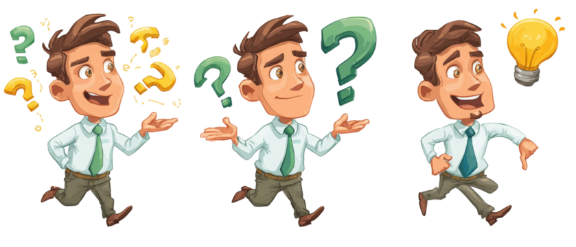 A cheerful businessman walking with question marks and a light bulb, symbolizing curiosity and ideas, set against a vibrant backdrop of creativity and innovation - Powered by Adobe