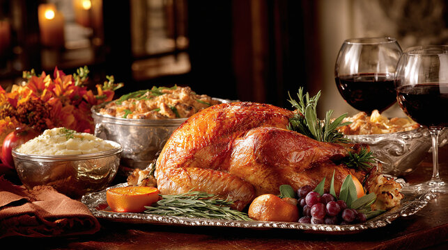 Warmth and abundance: A festive gathering with a beautifully roasted turkey takes center stage, alongside delectable sides, and full wine glasses.