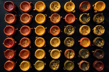 Handcrafted Ceramic Pottery An overhead shot of several unique, handcrafted ceramic pottery pieces on a textured, neutral toned surface. Focus on varied glazes, subtle textures, and organic shapes. No