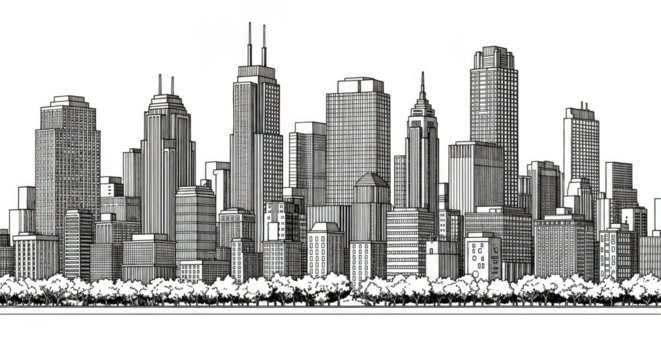 Stark cityscape silhouette with vibrant nature