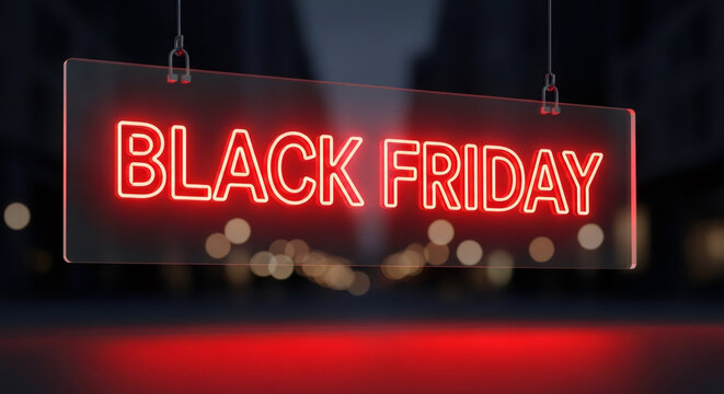 Vibrant neon sign displaying Black Friday sale, glowing brightly against blurred urban street scene, creating an energetic holiday shopping and special discounts - Powered by Adobe
