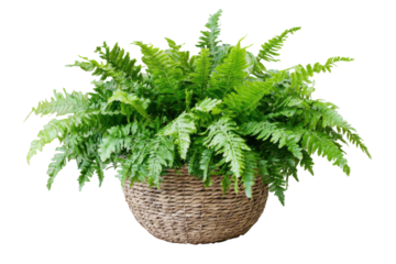 Green fern plant in a woven basket isolated on transparent background. Lush green fern in a woven round pot isolated on white background.