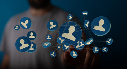 A hand touching 3D connected network icons, demonstrating social media and business connections for digital communication, collaboration, and te
