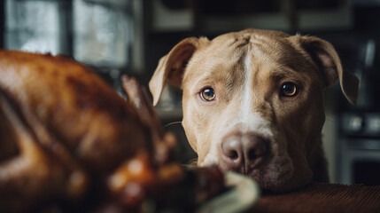 A tan pit bull looking intently at a roasted turkey on a table with a dark background in soft lighting